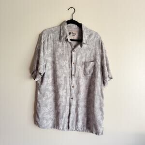 Vintage Silk Grey Cream Palm Print Short Sleeve Silk Linen Button Up Top - Large